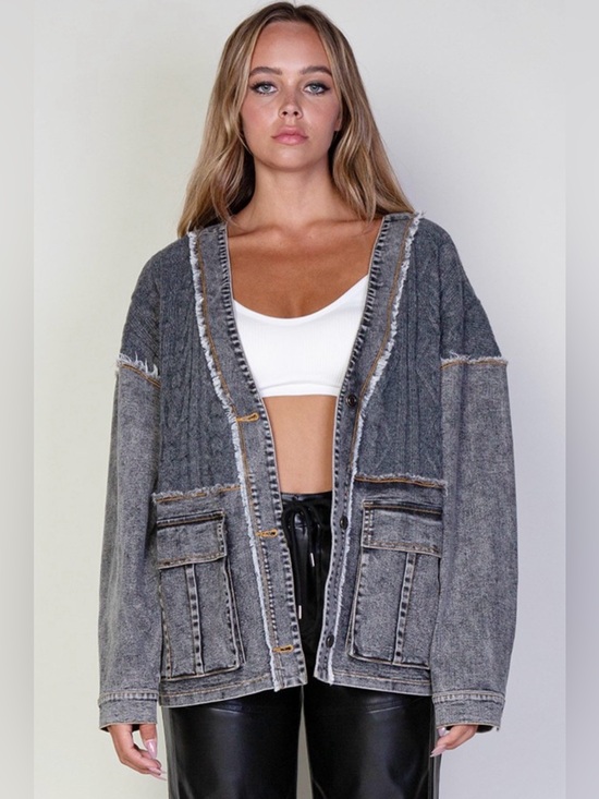 MDM Lux Sweaters - Oversized Washed Gray Sweater Cardigan with Button-Front Closure